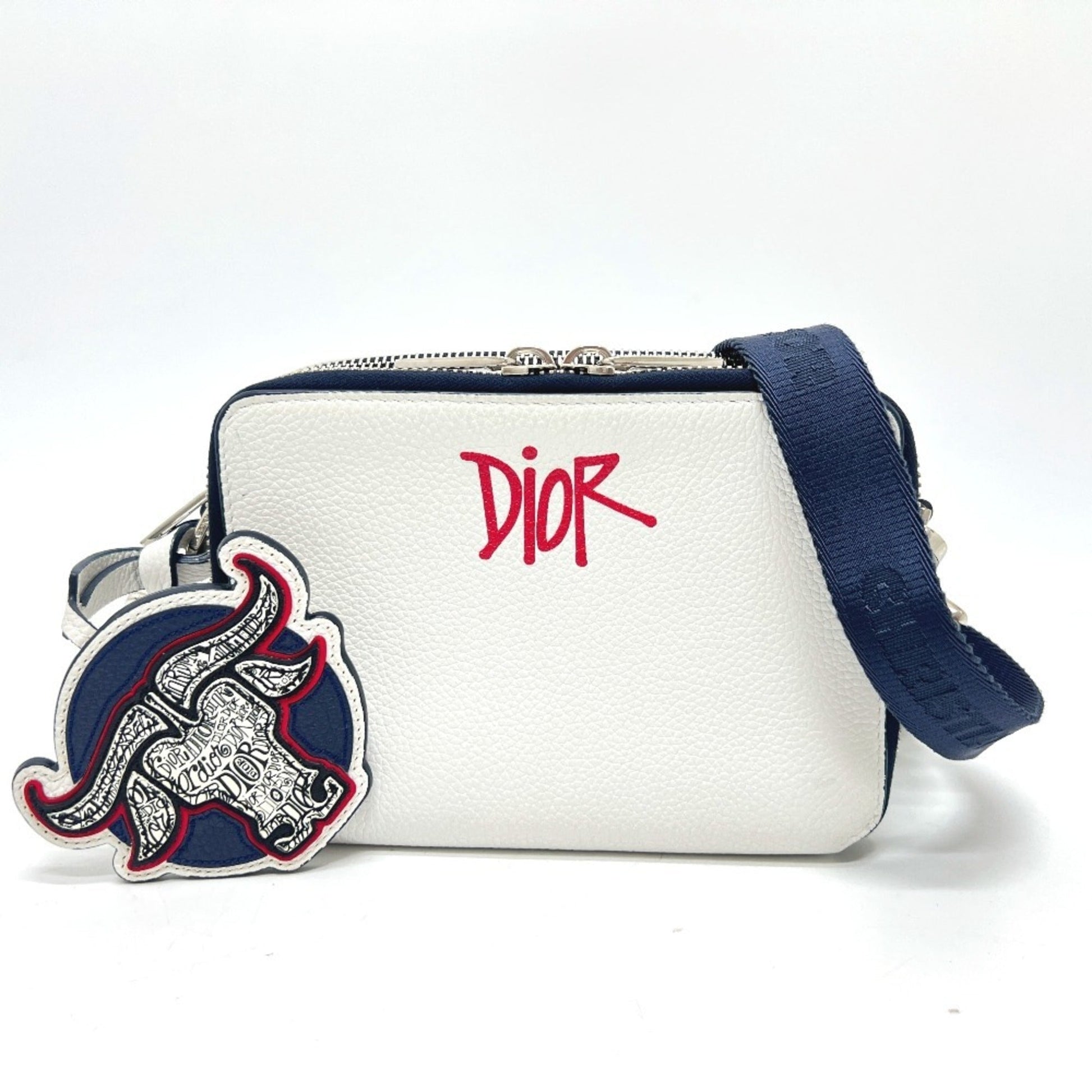 Christian Dior Navy White Leather Shoulder Bag  