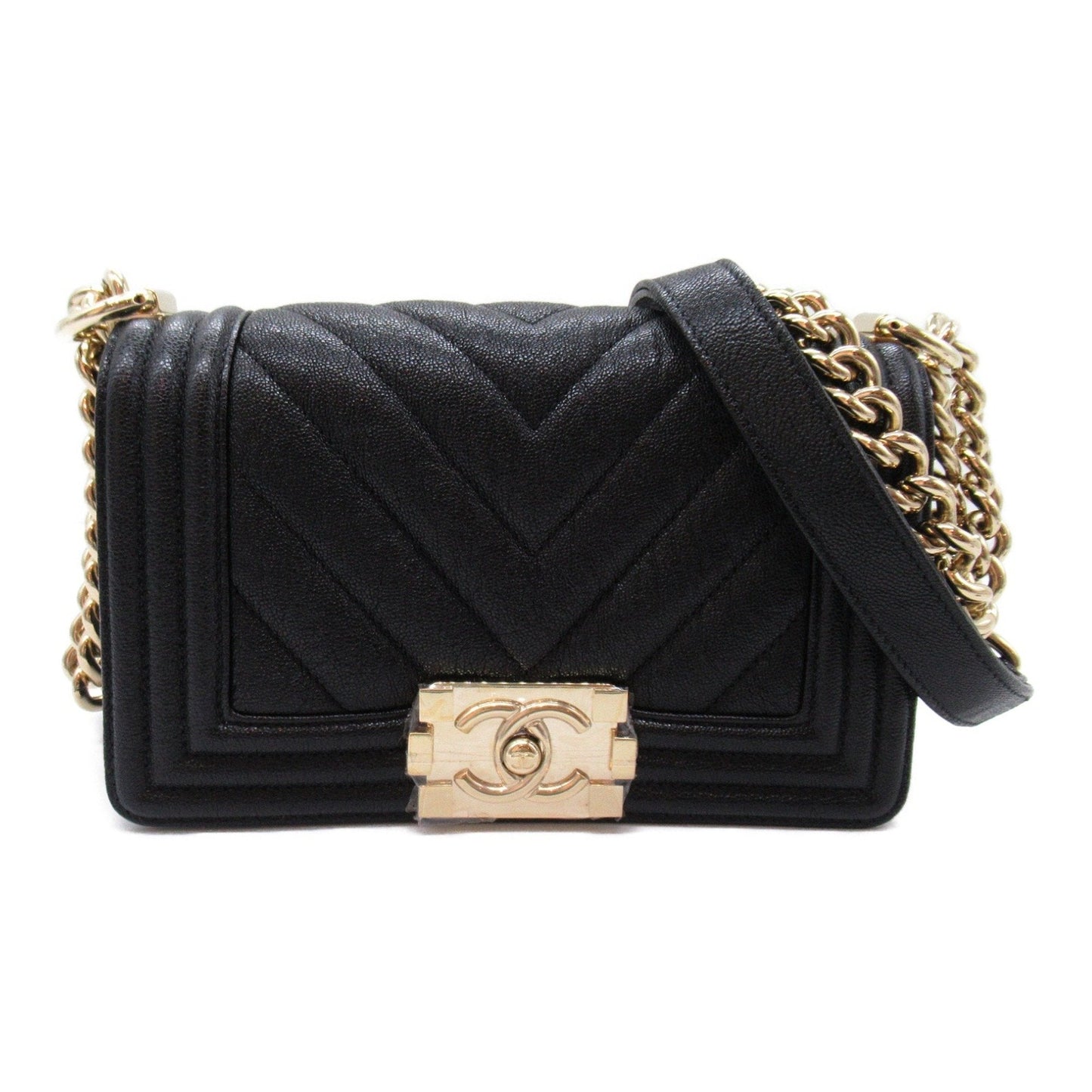 CHANEL Boy Chanel V stitched chain shoulder bag caviar skin grained calfskin women s black