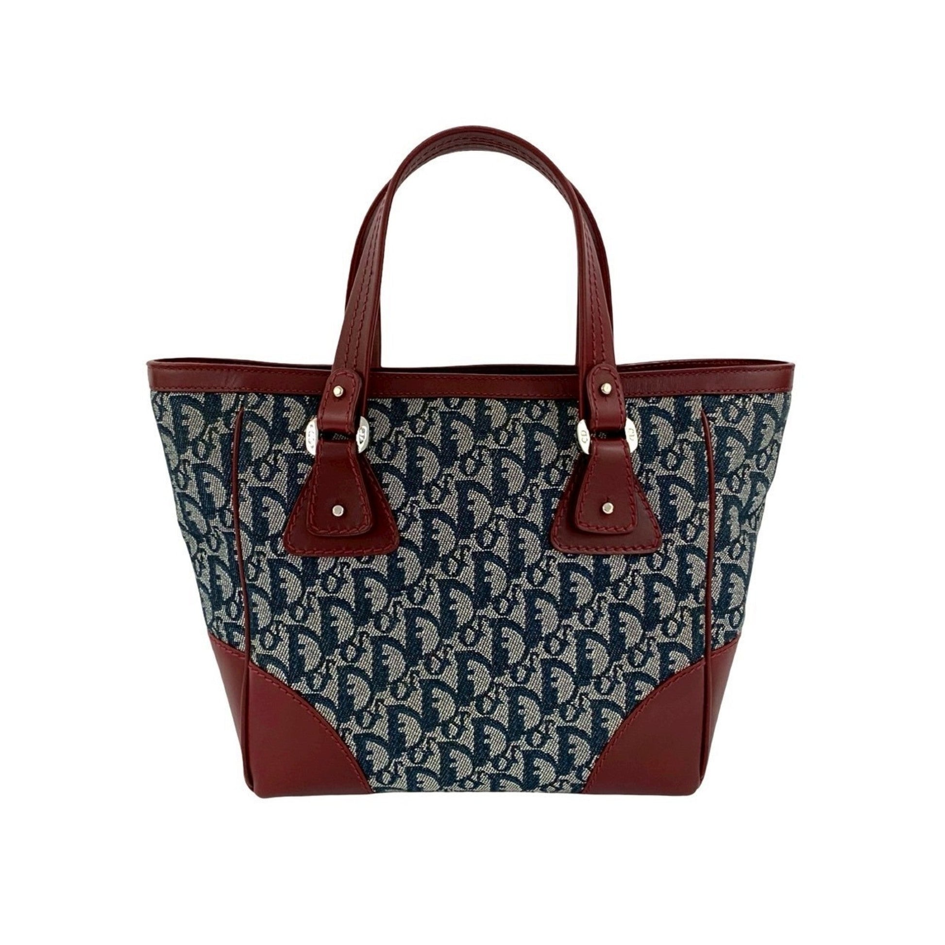 Christian Dior Navy Wine Canvas Leather Handbag Tote Bag  