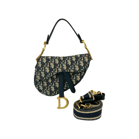 Christian Dior Navy Leather Canvas Handbag Saddle Bag Shoulder Bag  