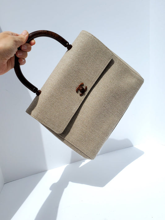 CHANEL Kelly Wood Canvas Top Handle Bag