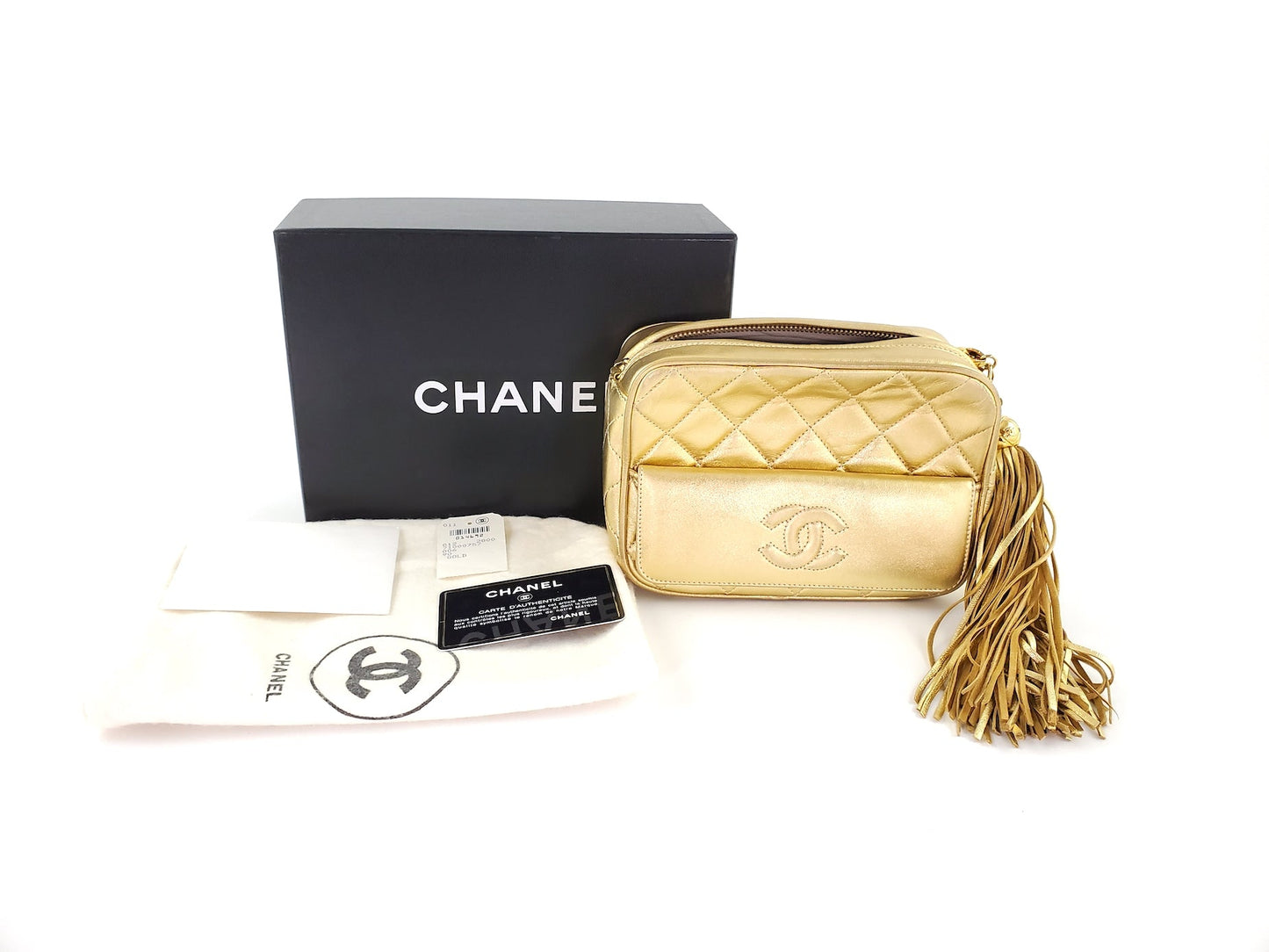 Chanel Quilted Gold CC Camera Tassel Shoulder Bag