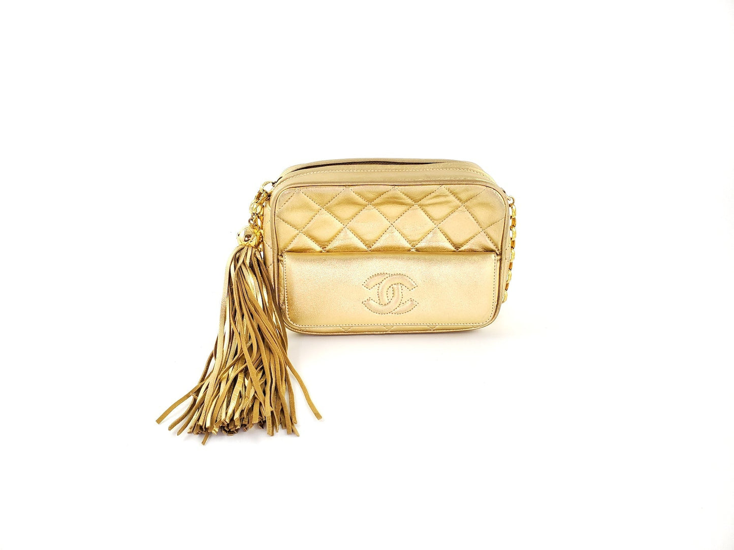 Chanel Quilted Gold CC Camera Tassel Shoulder Bag