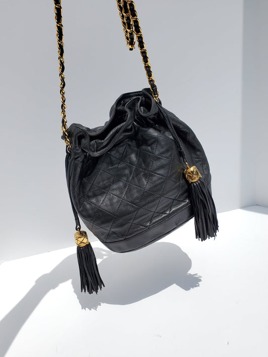 CHANEL 24k Gold Black Leather Quilted Bucket Bag