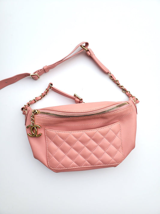 CHANEL Pink Leather CC Quilted Bi Waist Bag