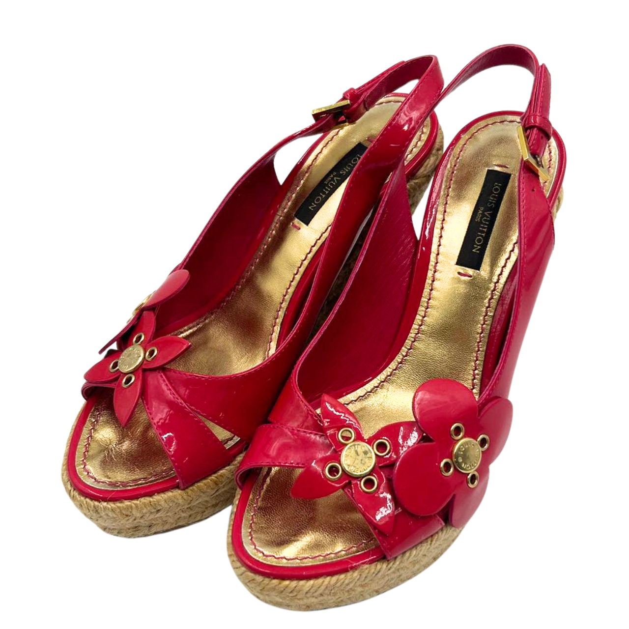 LOUIS VUITTONPatent Leather Jute Wedge Platform Sandal
