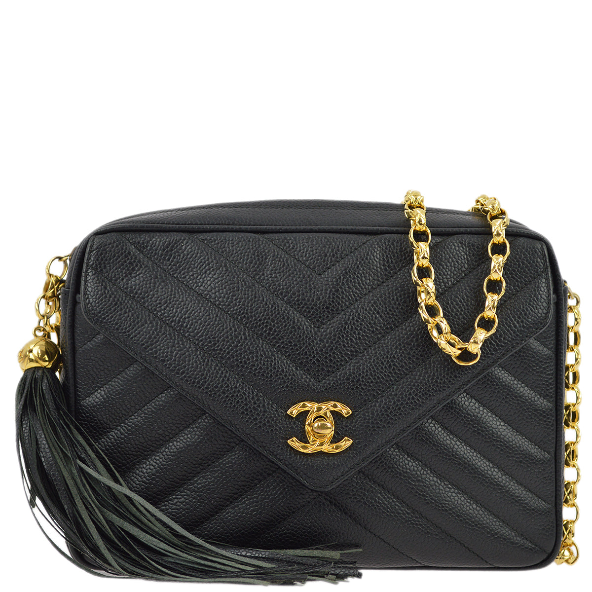 Chanel Black Caviar V Stitch Fringe Camera Bag Small