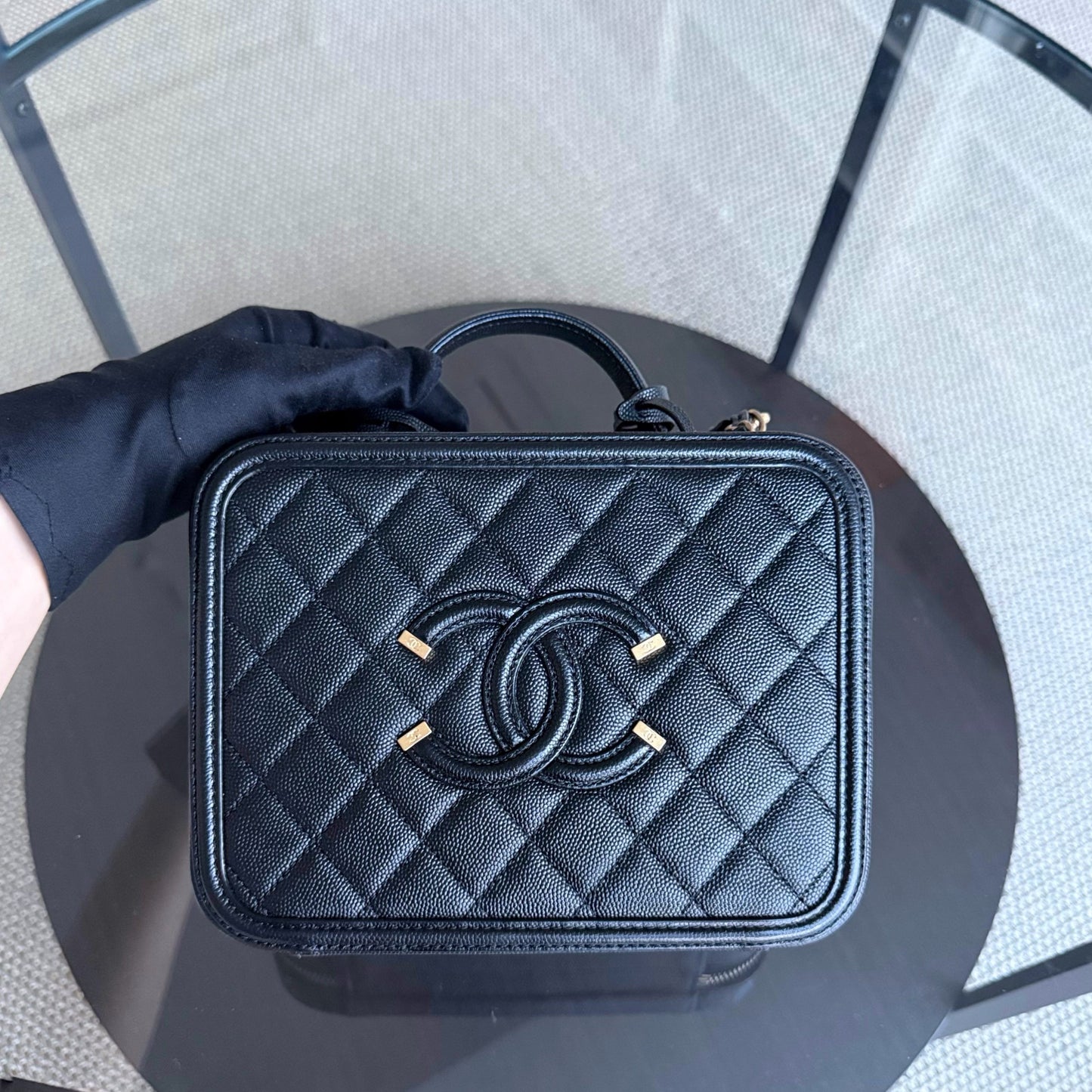 Chanel Filigree Vanity Case Medium - Caviar Quilted Grained Calfskin Black Gold Hardware Series 24