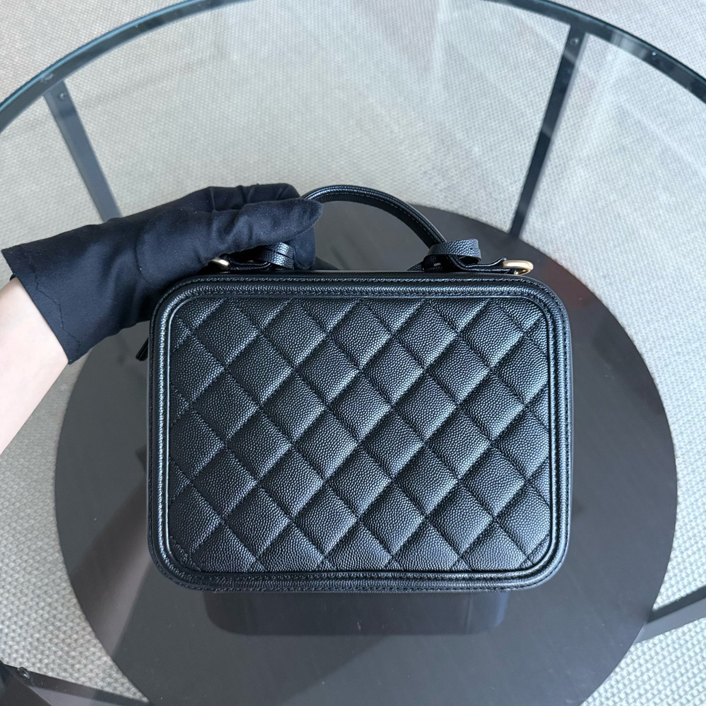 Chanel Filigree Vanity Case Medium - Caviar Quilted Grained Calfskin Black Gold Hardware Series 24