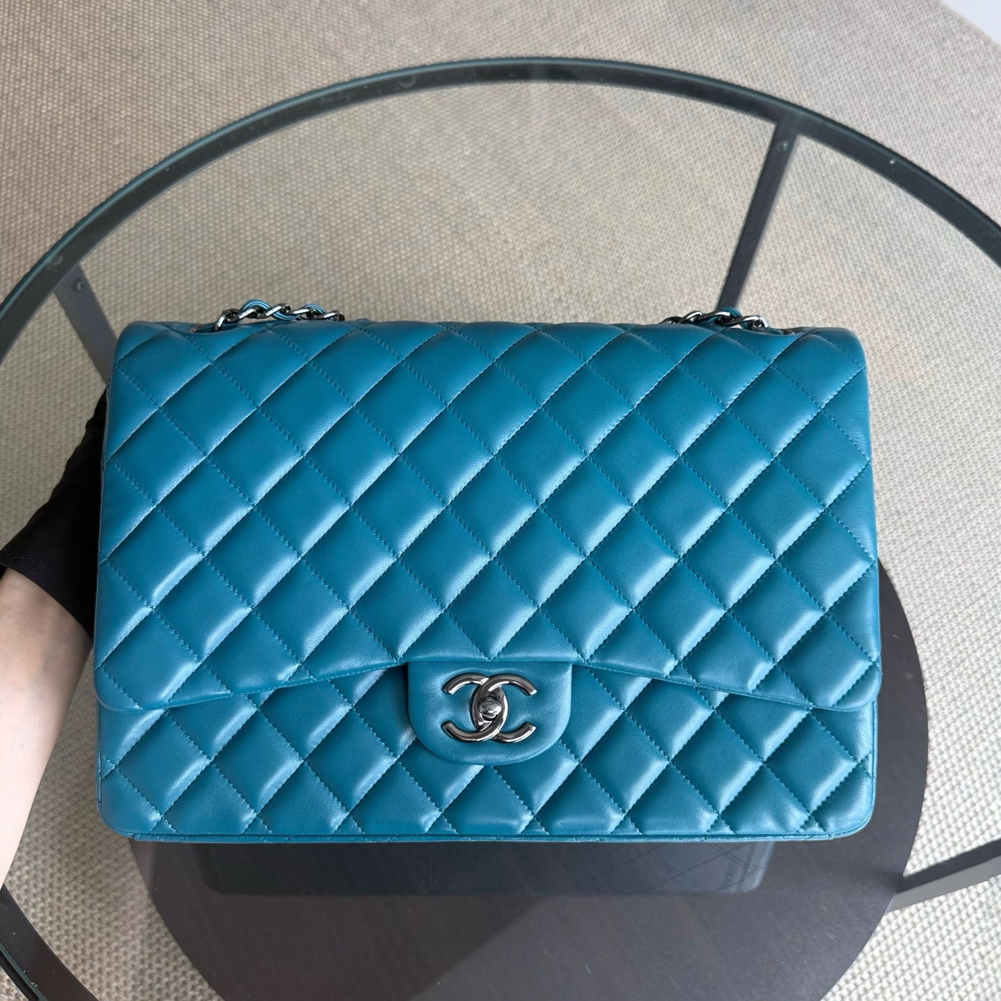 Chanel Classic Flap Maxi - Double Flap 33CM Quilted Lambskin Blue Silver Hardware Series 15