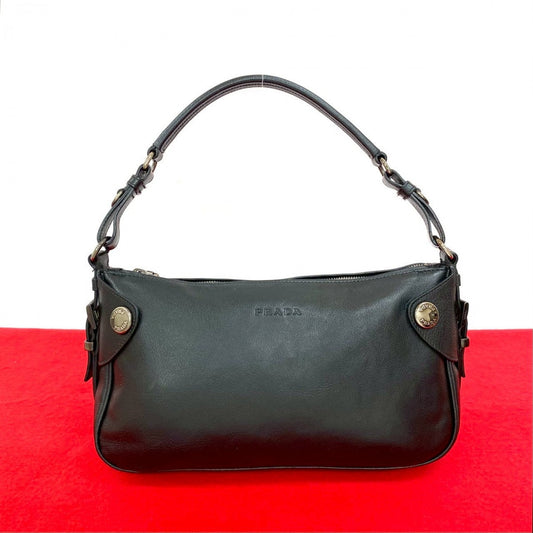 PRADA Shoulder Bag leather black logo Metal Women
