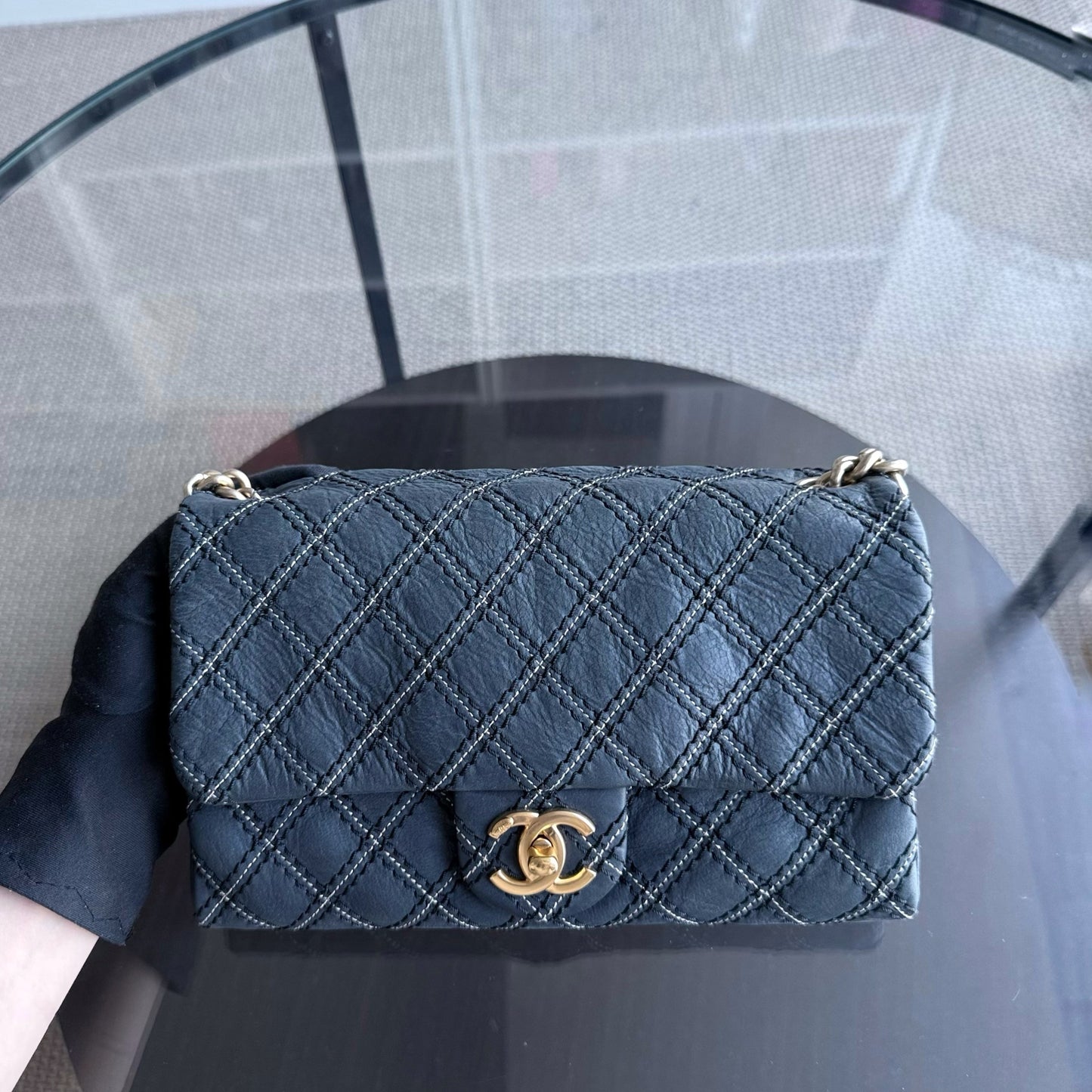 Chanel Seasonal Flap - Quilted Wild Stitch Calfskin Dark Navy Blue Gold Hardware Series 19