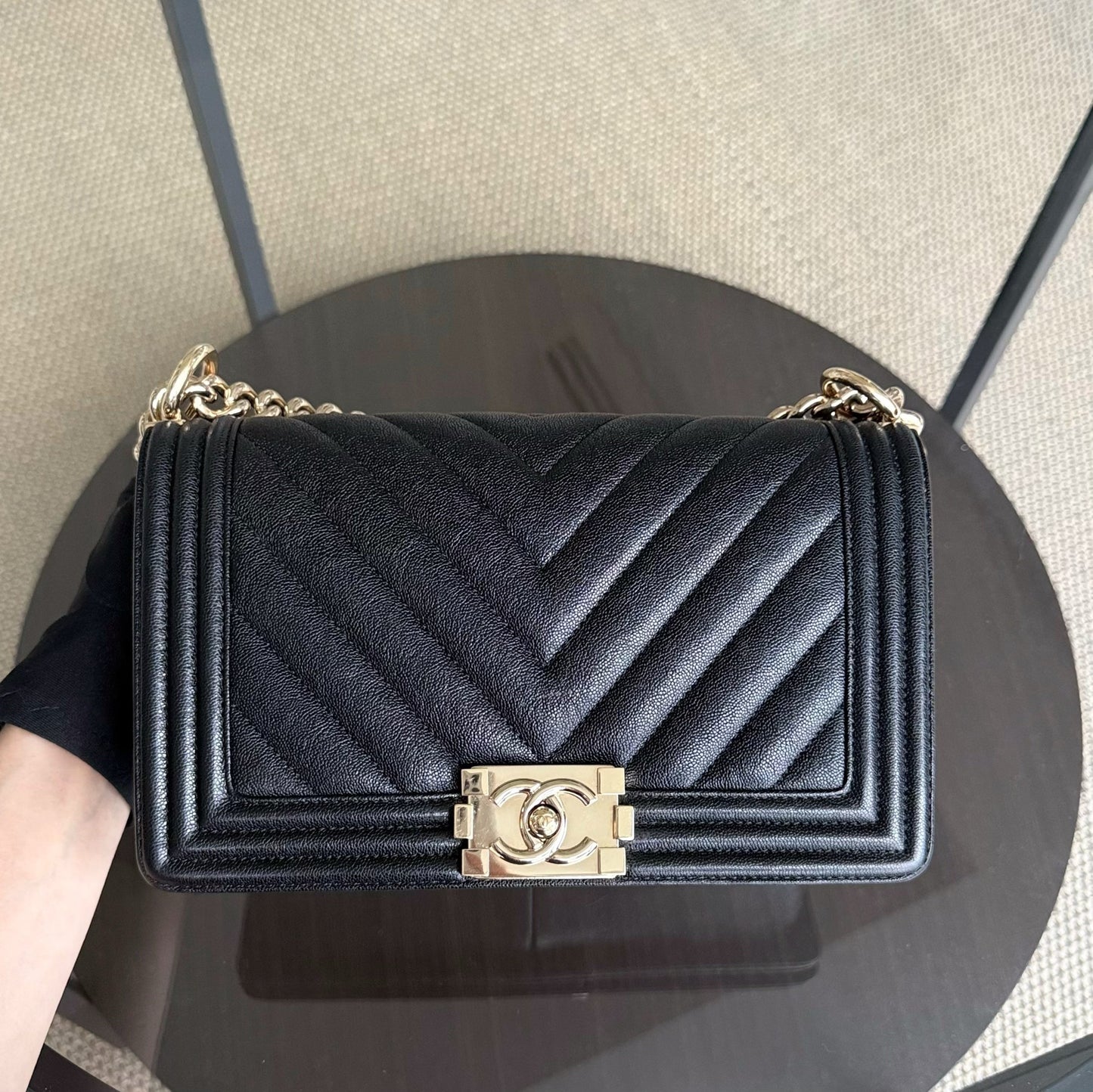 Chanel Boy Medium - Caviar 25CM Chevron Grained Calfskin Black Gold Hardware Series 28