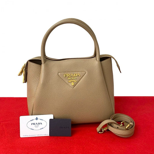 PRADA Shoulder Bag leather beige Fleur Vitello Dyno