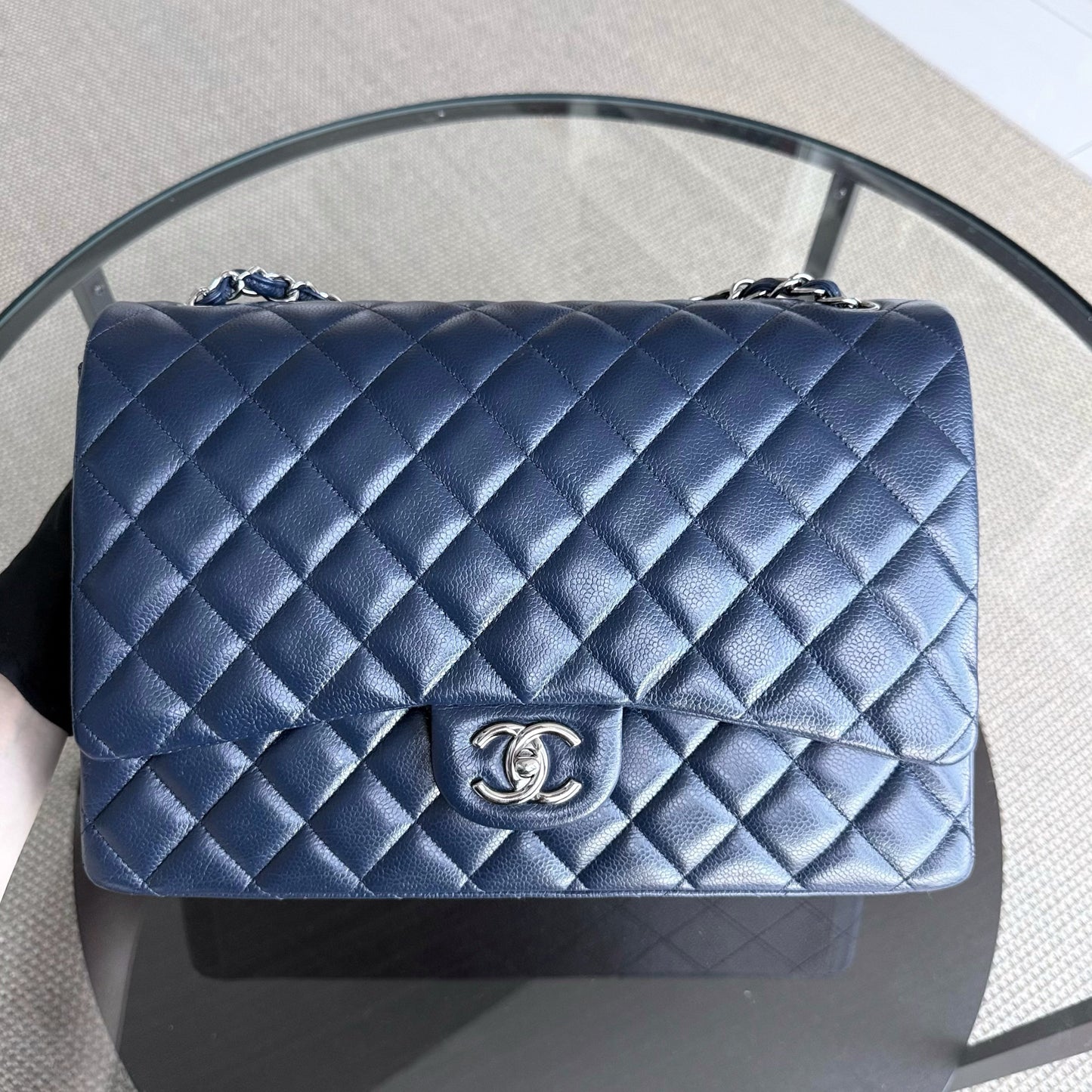 Chanel Classic Flap Maxi - Caviar Double Flap Quilted Grained Calfskin Dark Navy Blue Silver Hardware Series 15