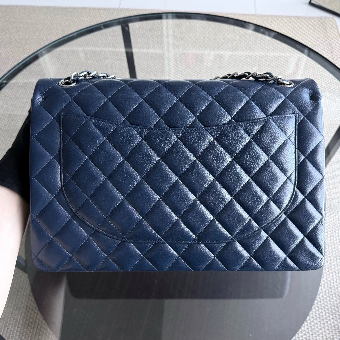 Chanel Classic Flap Maxi - Caviar Double Flap Quilted Grained Calfskin Dark Navy Blue Silver Hardware Series 15