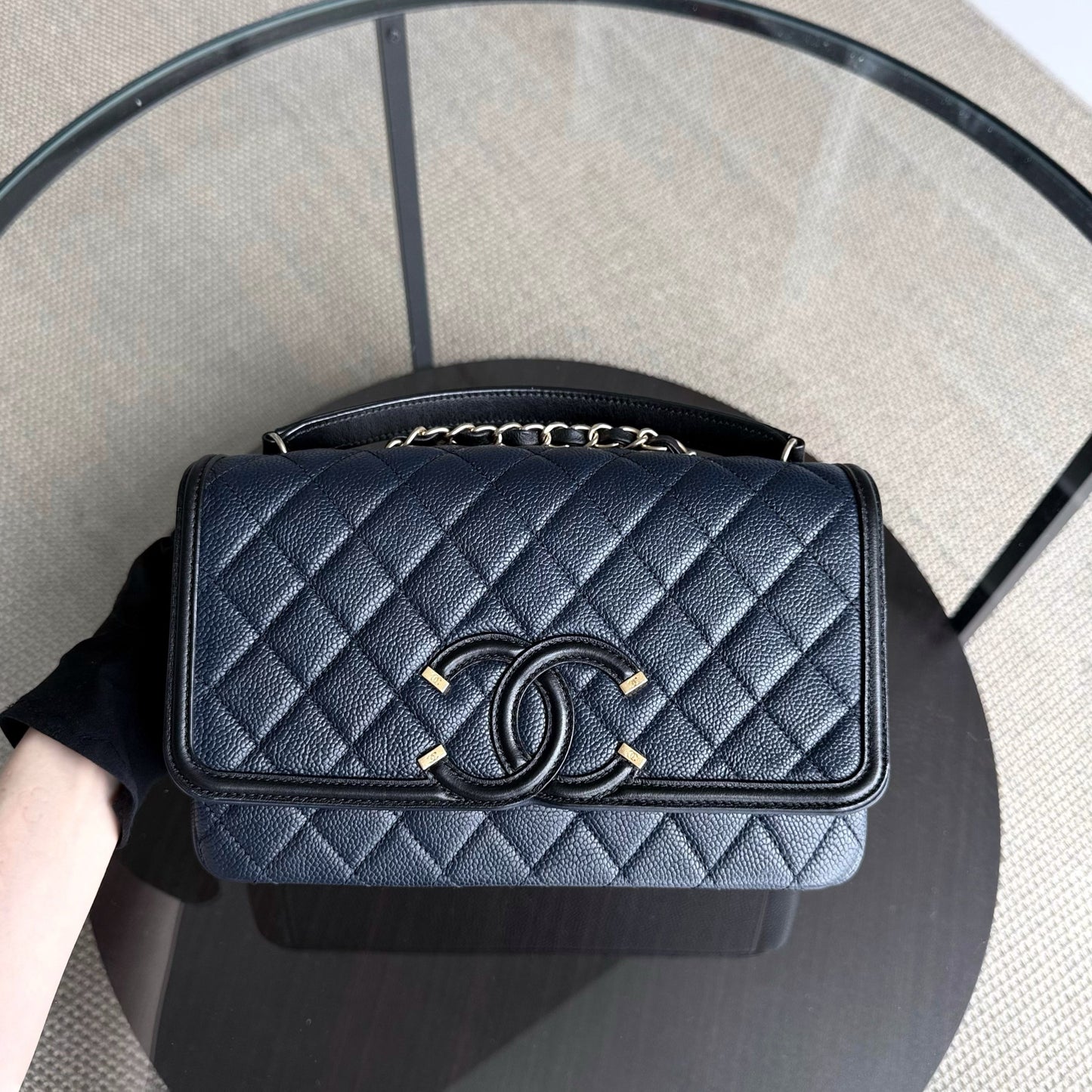 Chanel Filigree CC Medium - Caviar Quilted Grained Calfskin Dark Navy Blue Black Gold Hardware Series 22
