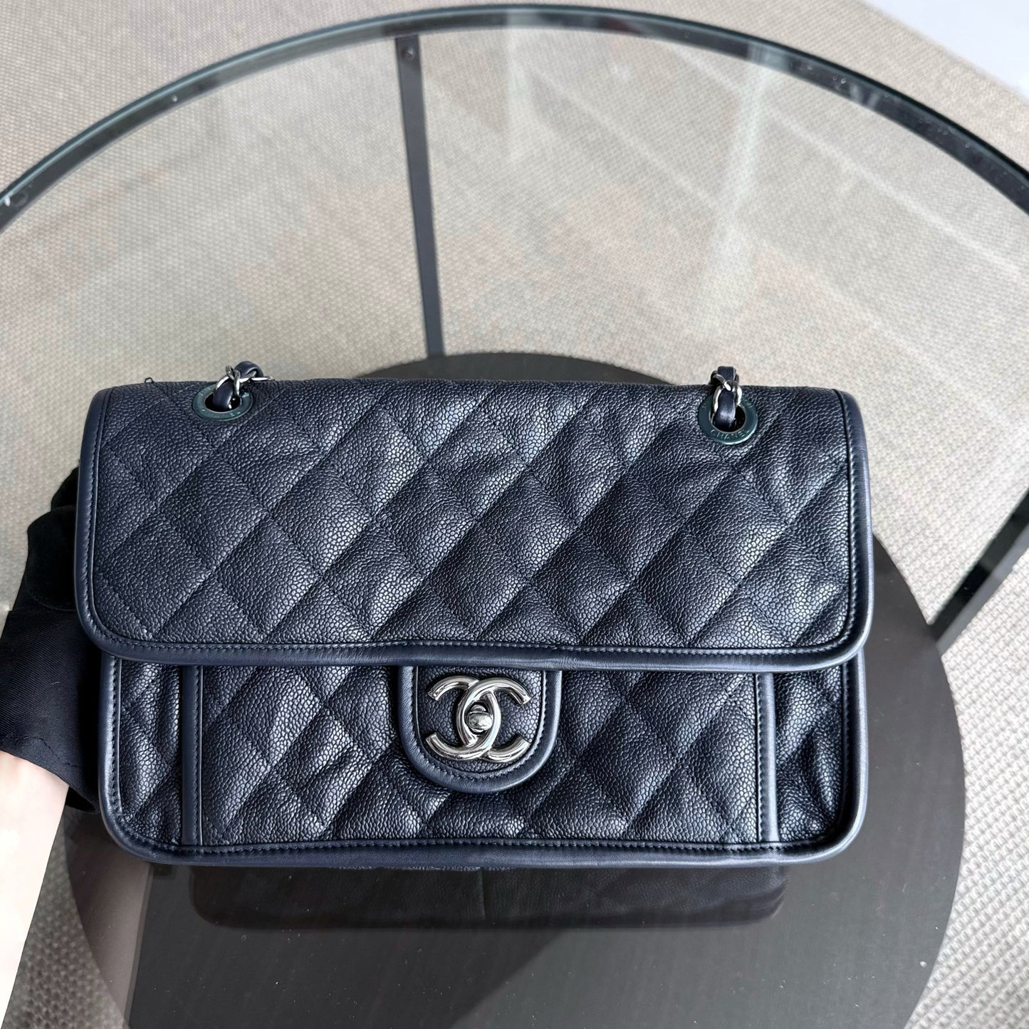 Chanel French Riviera - Caviar Quilted Grained Calfskin Dark Navy Blue Silver Hardware Series 19