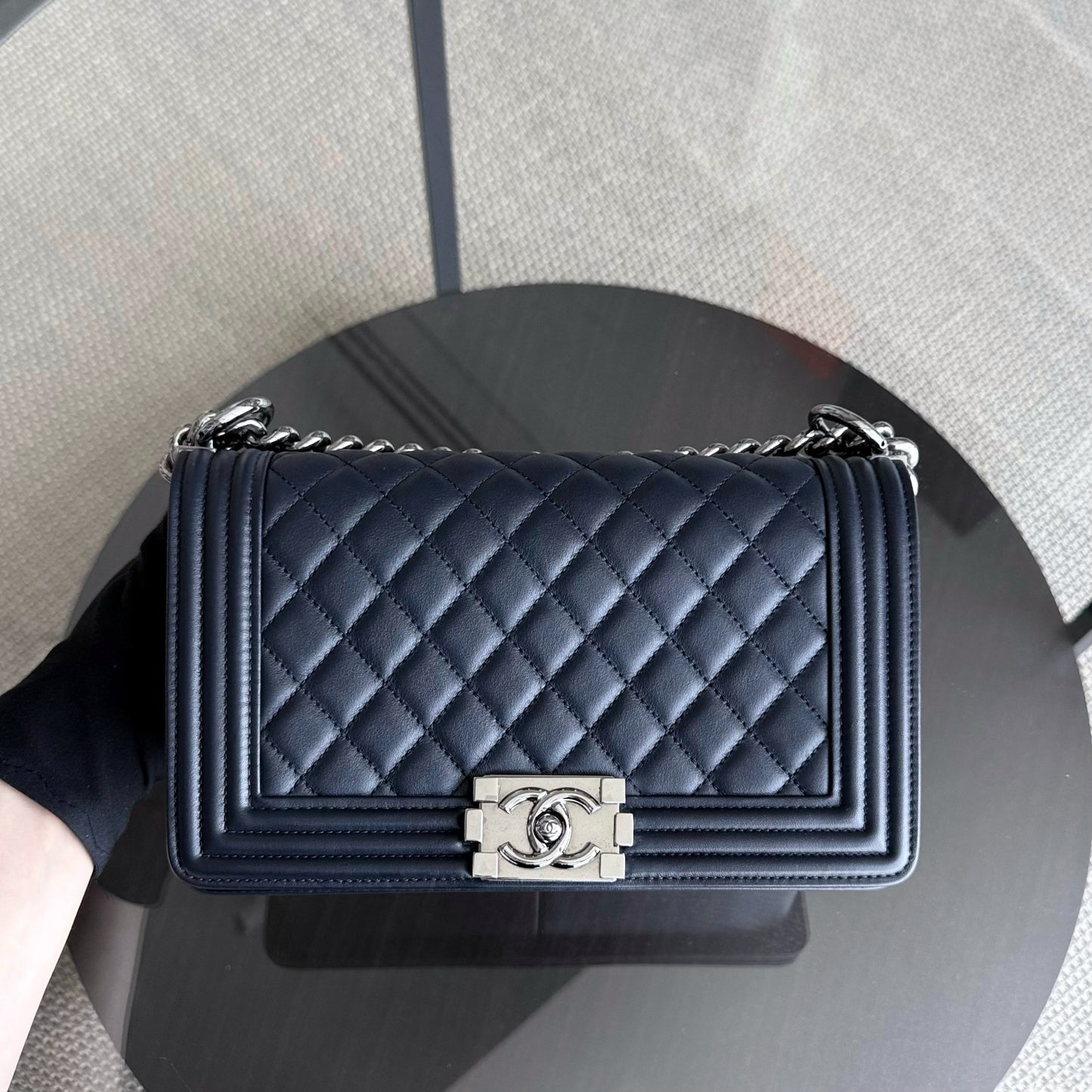 Chanel Boy Medium - 25CM Quilted Calfskin Dark Midnight Blue Silver Hardware Series  20