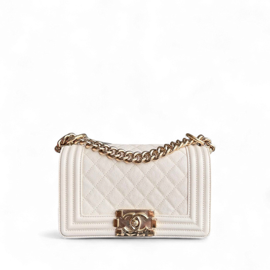 Chanel Boy Small - Caviar Quilted Cream White Gold Hardware 27