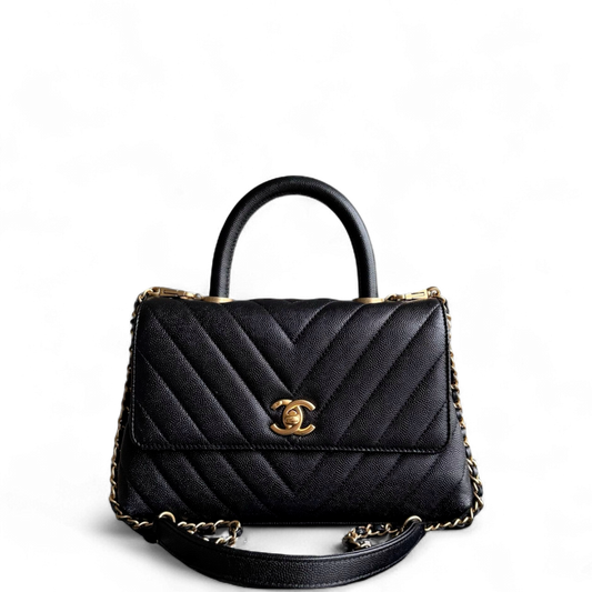 Chanel Coco Handle Small - Caviar Chevron Grained Calfskin Black Gold Hardware Series 26
