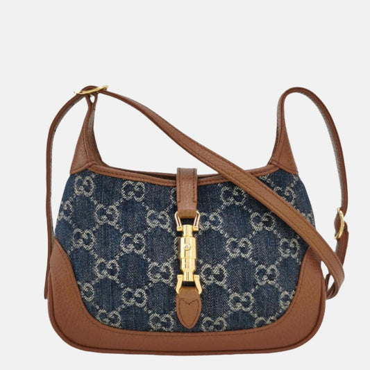 Gucci Jackie 1961 Mini Handbag in Blue Monogram Denim and Brown Leather