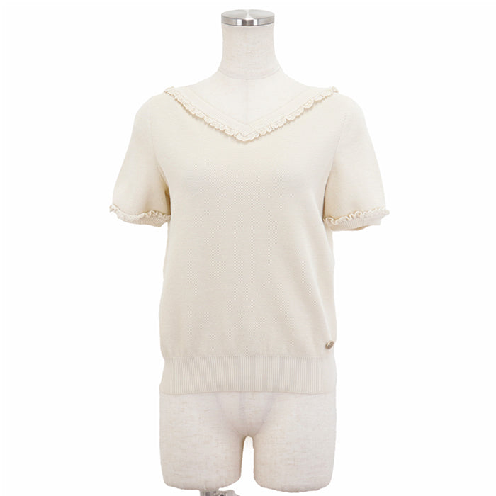 Chanel V-Neck Frill Knit Top Ivory Classic Flap Tote