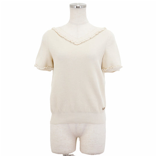 Chanel V-Neck Frill Knit Top Ivory Classic Flap Tote