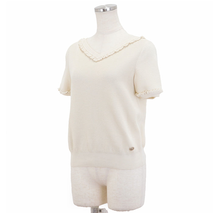 Chanel V-Neck Frill Knit Top Ivory Classic Flap Tote