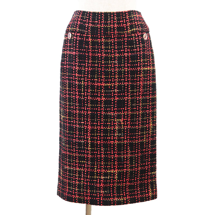 Chanel Tweed Skirt , Crystal Button, Check Pattern, Black/Red/Mustard Classic Flap Tote