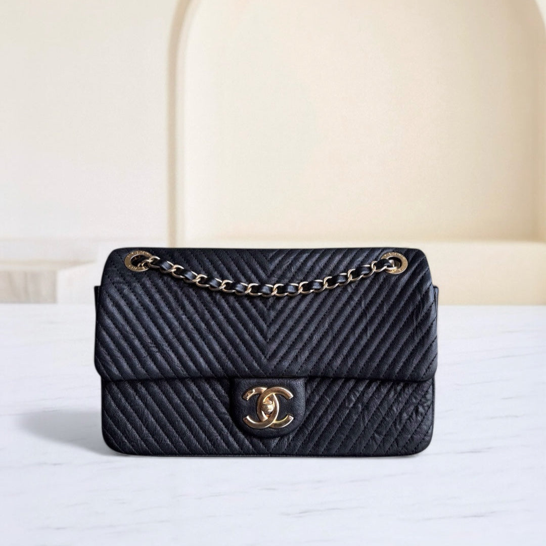 Chanel Seasonal Flap - Chevron Surpique CC Herringbone Medallion Calfskin Flap Black Gold Hardware