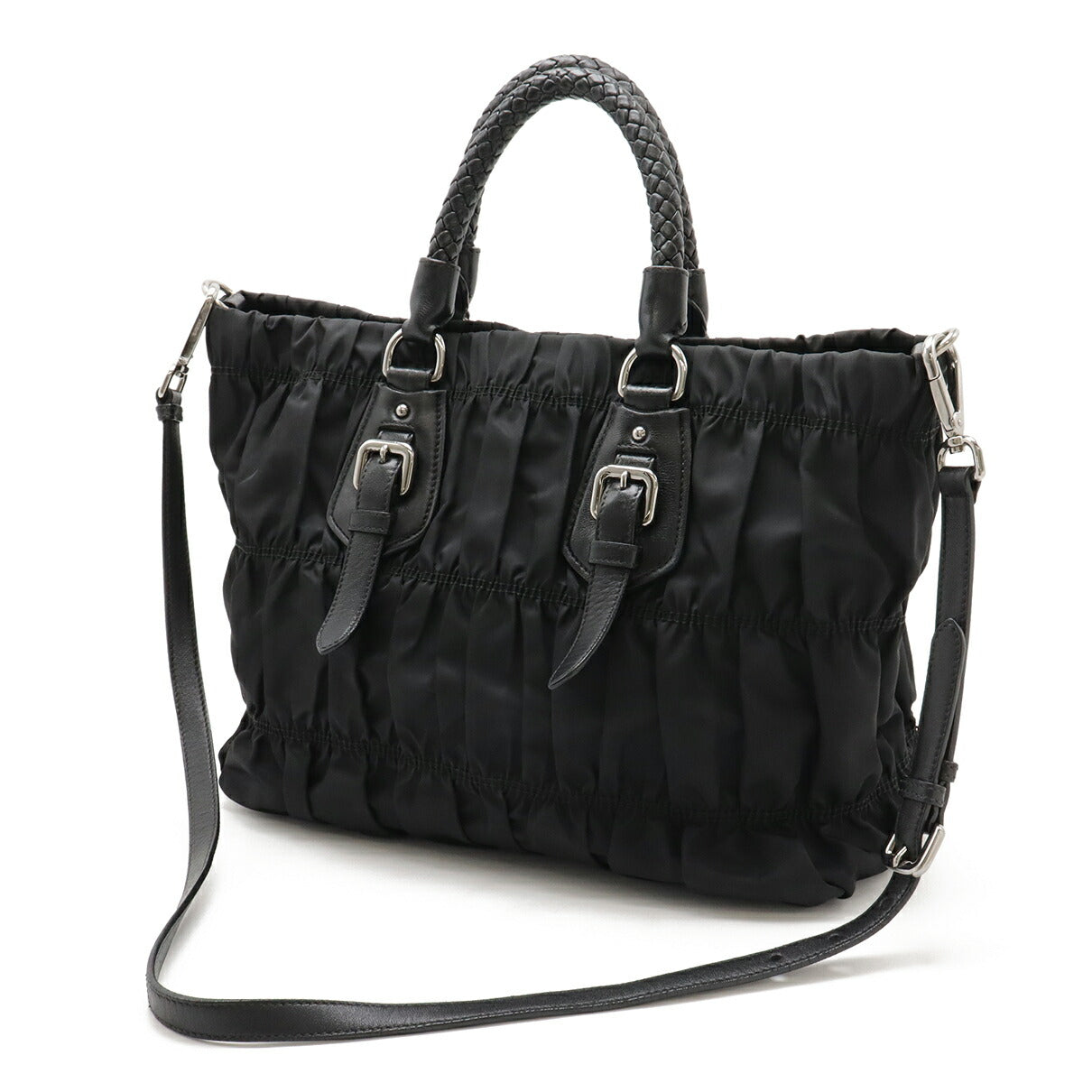 Prada Gathered Nylon Leather 2way Handbag