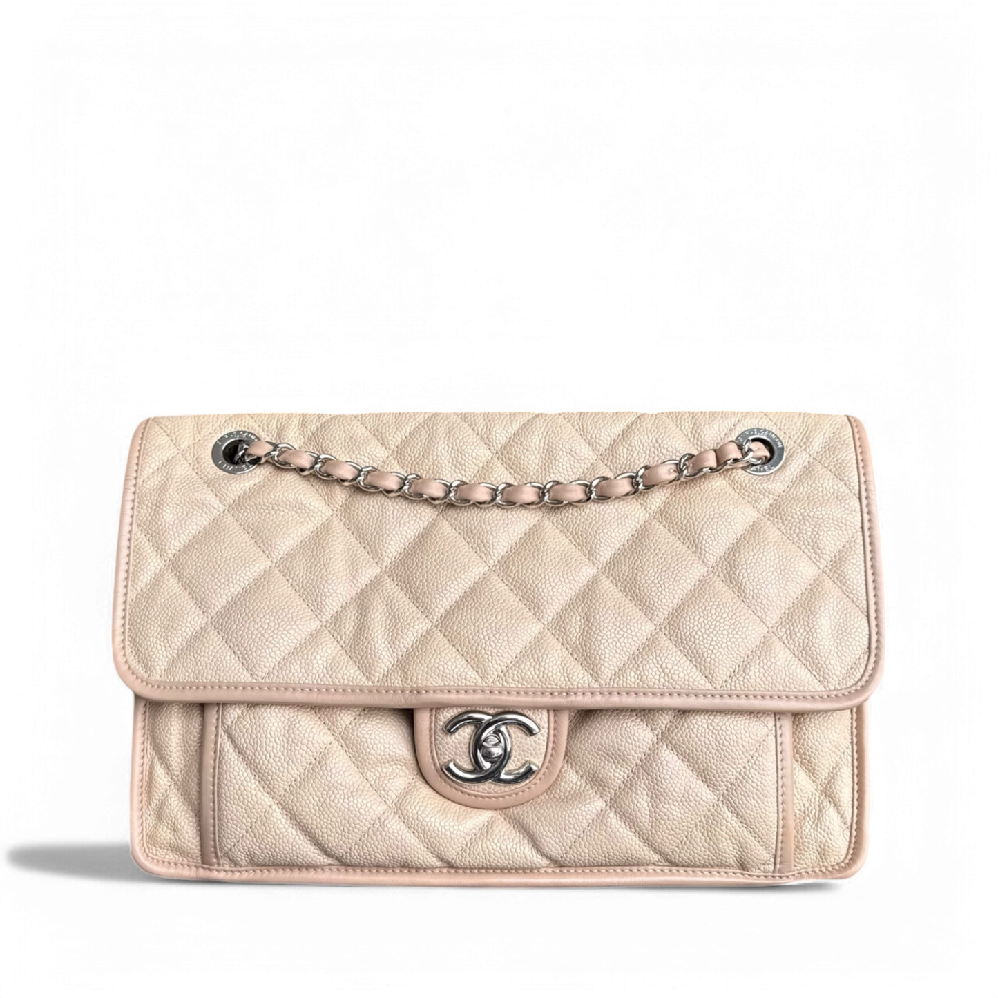 Chanel French Riviera Jumbo - Caviar Quilted Beige Silver Hardware Series 17