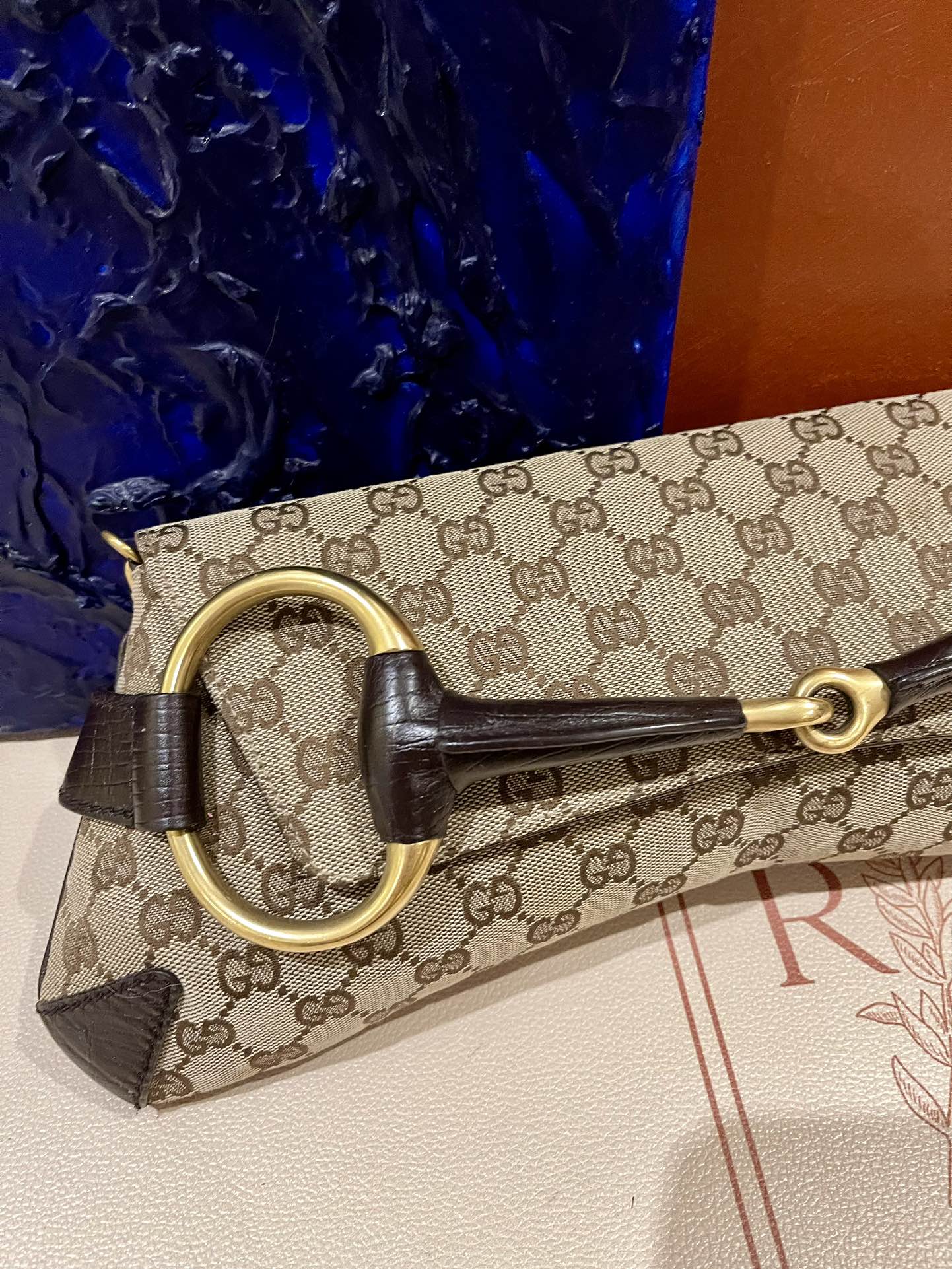 Gucci Horsebit 1955 Large Cloth Beige Monogram Brown Leather Shoulder bag