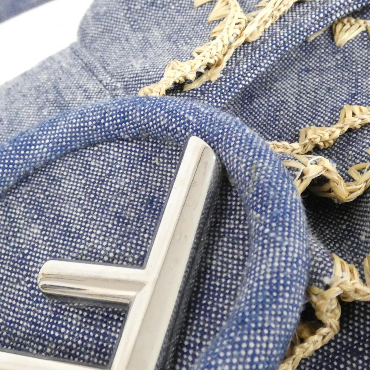 Fendi Baguette Denim Raffia Shoulder Bag