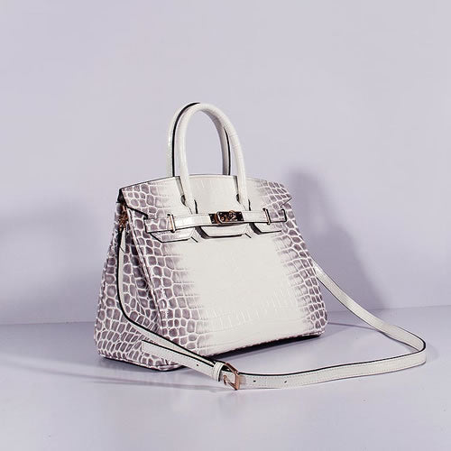 Luxury Hermes Birkin 30cm Crocodile Leather Bag With Strap Grey White Gold