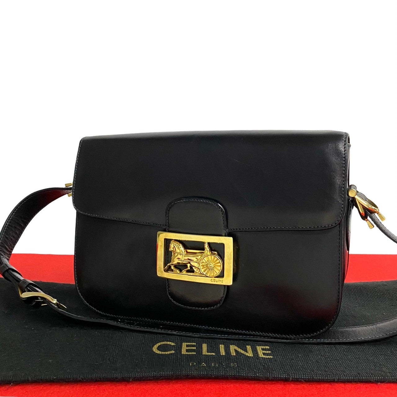 CELINE Shoulder Bag leather black logo carriage Metal Women(Unisex)