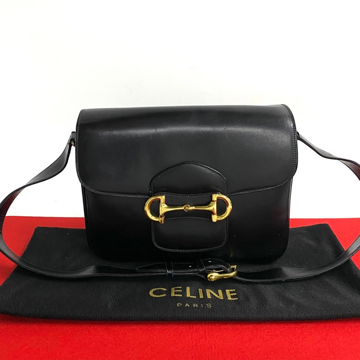 CELINE Shoulder Bag leather black Horsebit Metal Women