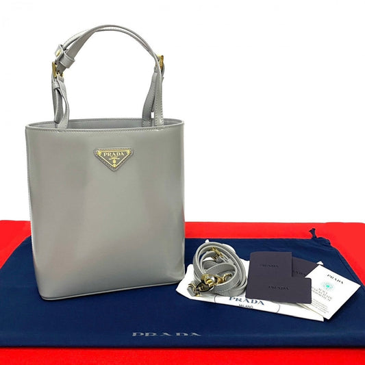 PRADA Shoulder Bag leather gray Triangle Logo Metal Women
