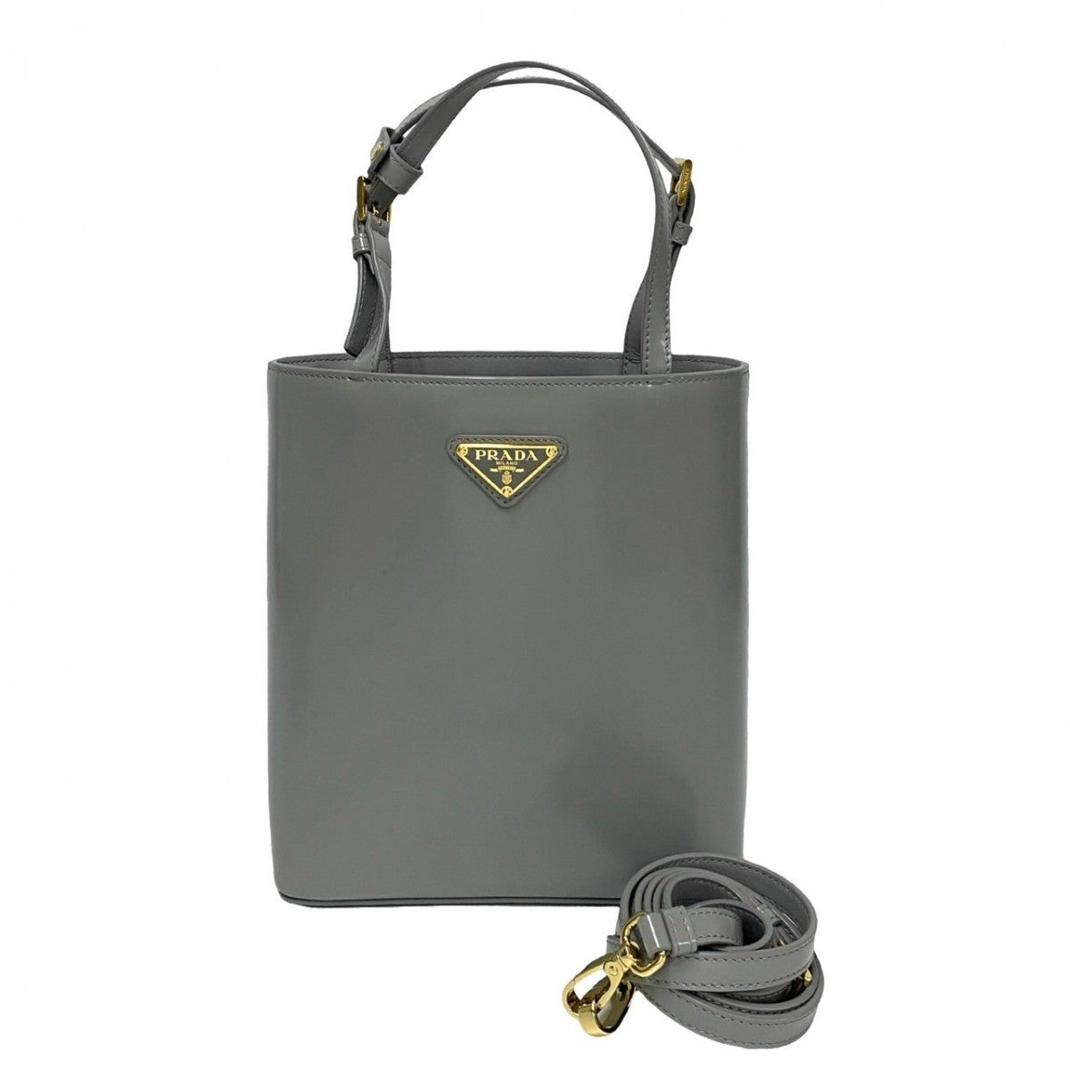 PRADA Shoulder Bag leather gray Triangle Logo Metal Women