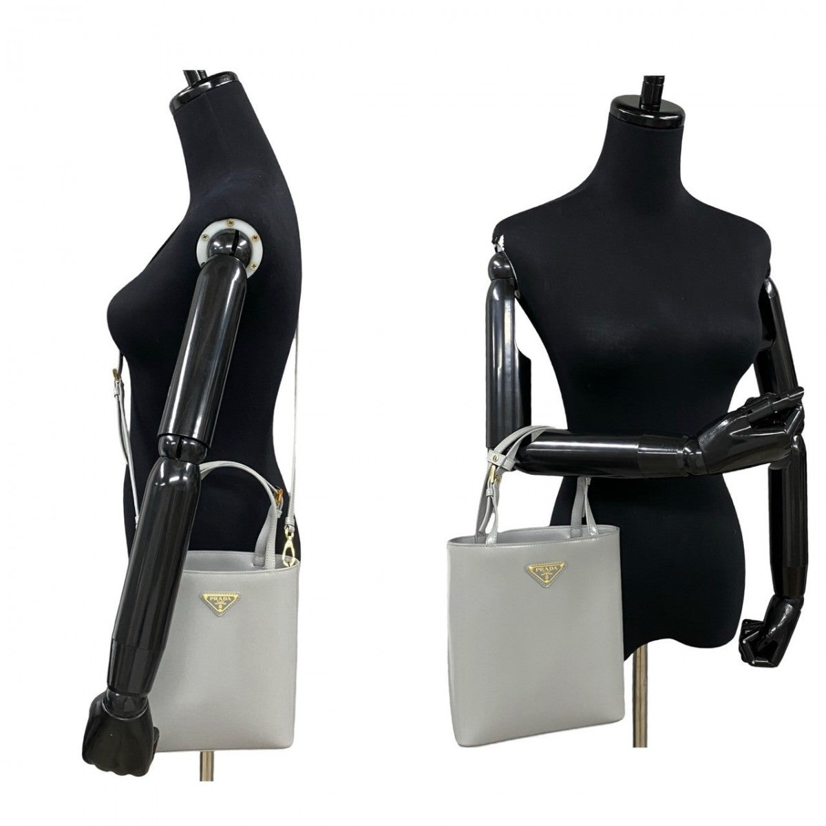 PRADA Shoulder Bag leather gray Triangle Logo Metal Women