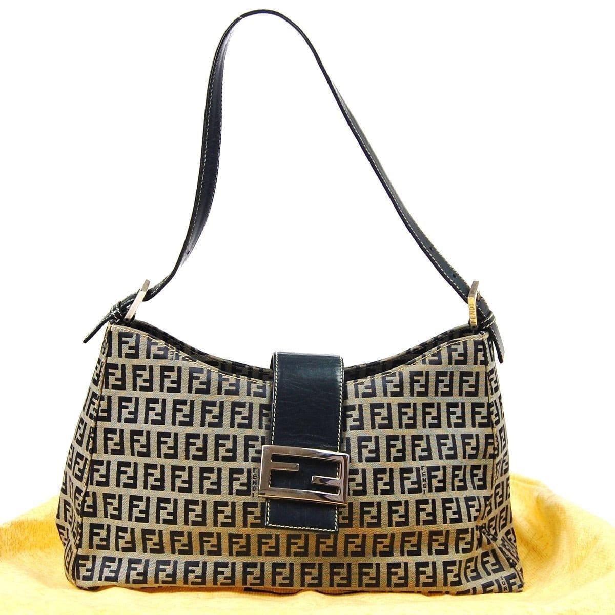Fendi Zukka Pattern Hand Bag Navy Gray Canvas Leather Italy TT117