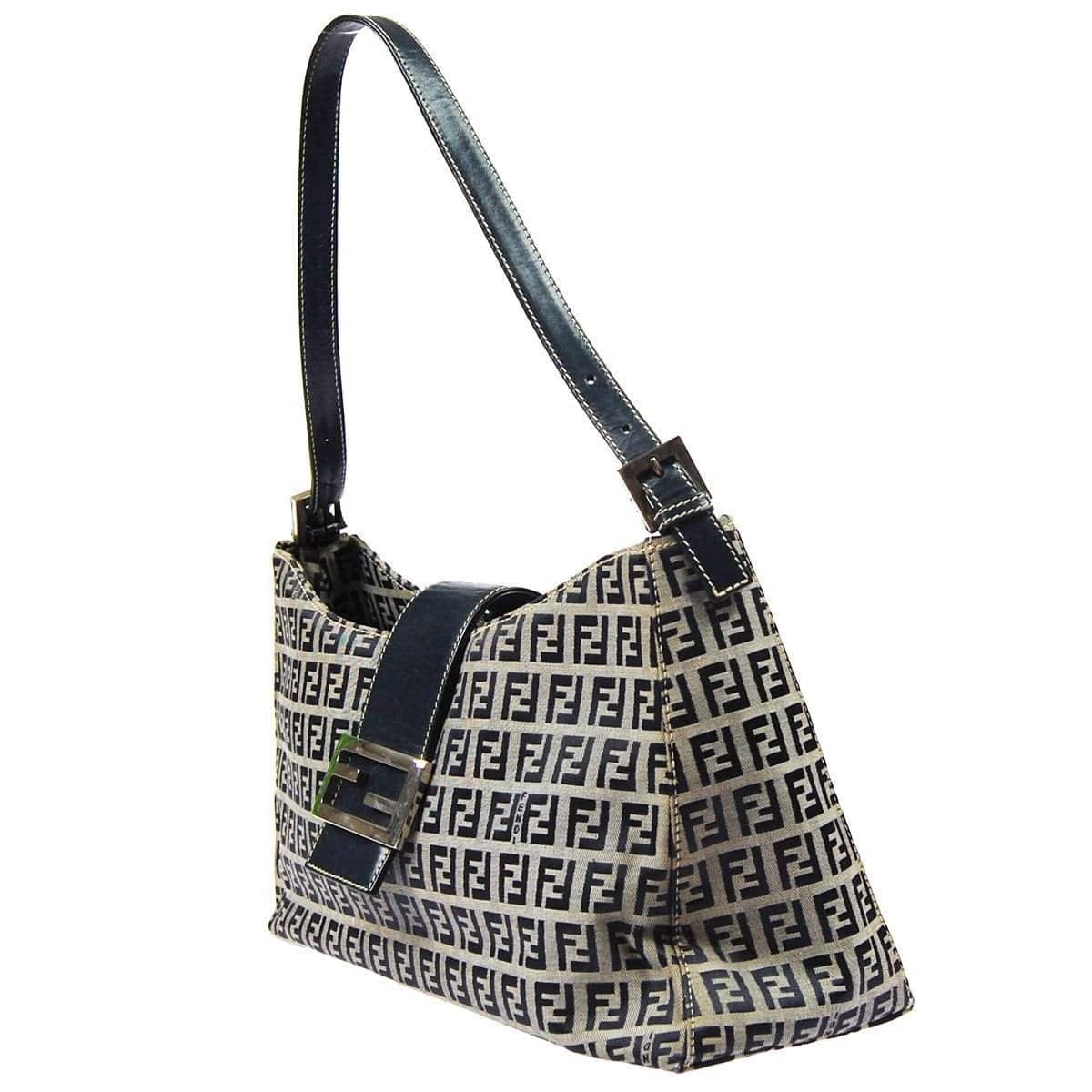 Fendi Zukka Pattern Hand Bag Navy Gray Canvas Leather Italy TT117