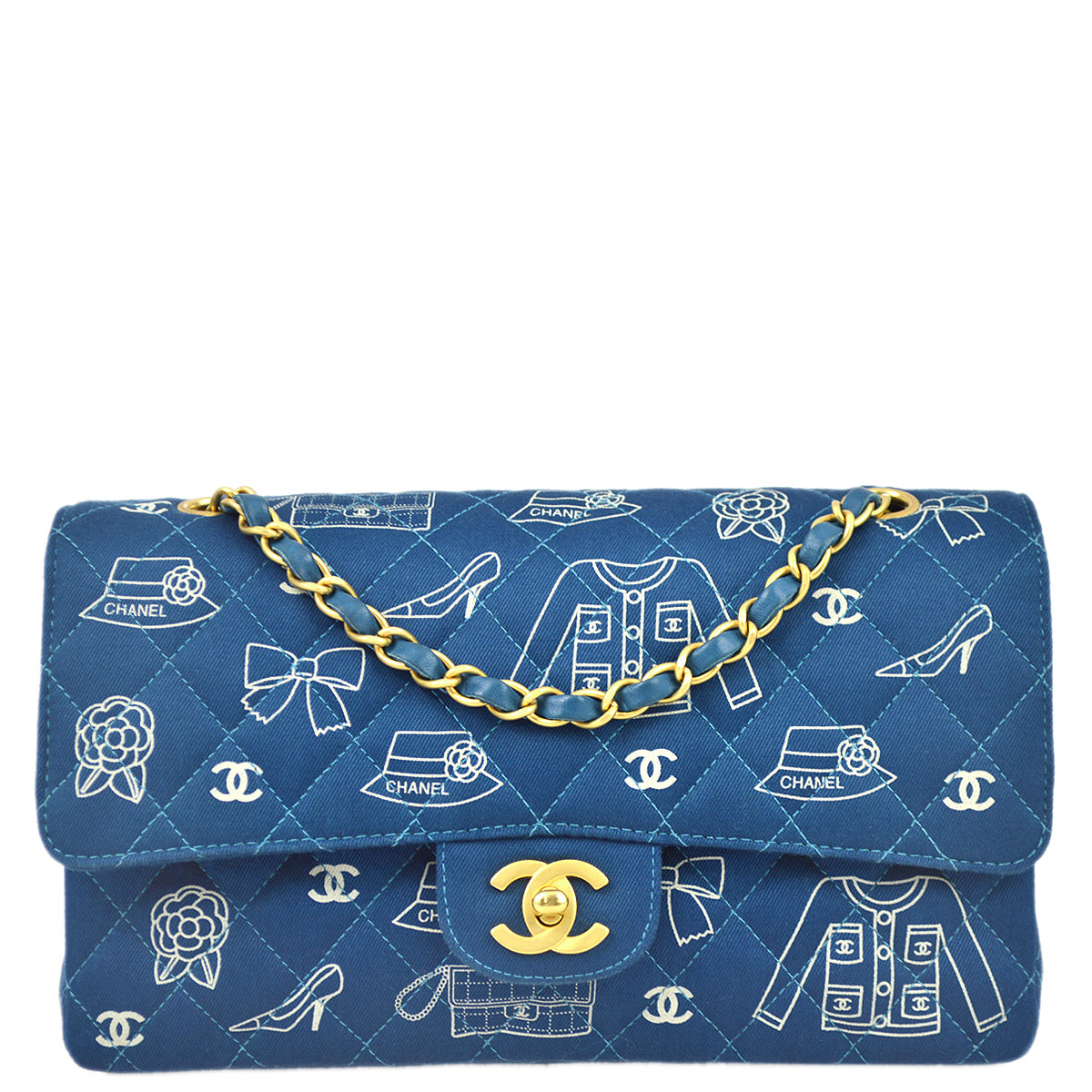 Chanel Blue Canvas Icon Medium Classic Double Flap Shoulder Bag