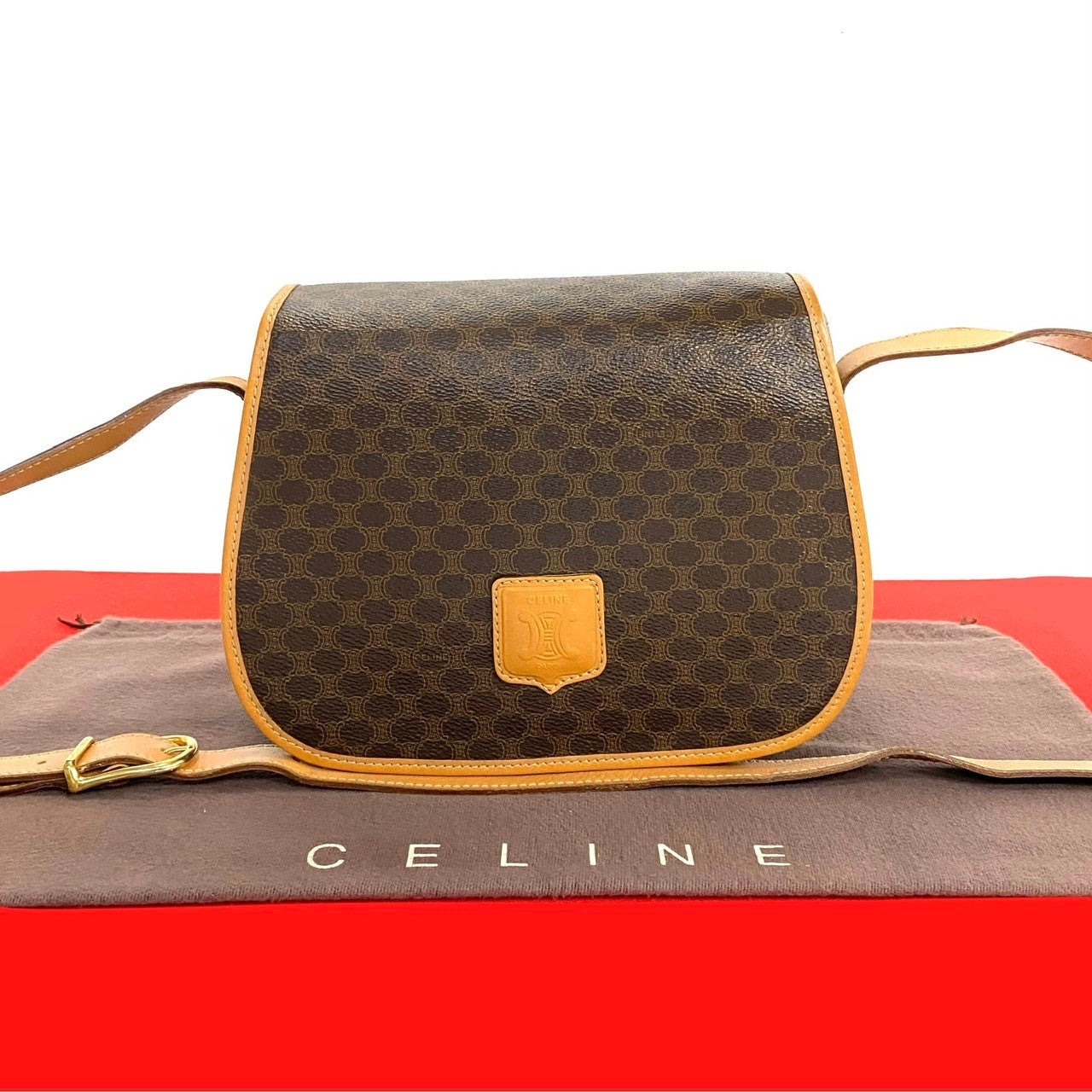 CELINE Shoulder Bag Leather, PVC Brown Macadam Blason Triomphe Pattern Women
