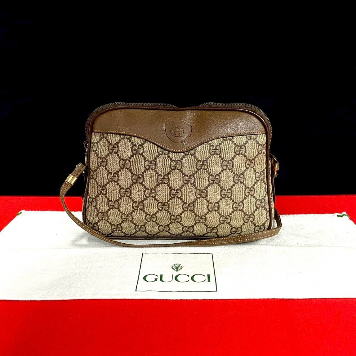 GUCCI Shoulder Bag Leather, PVC Brown GG logo Women