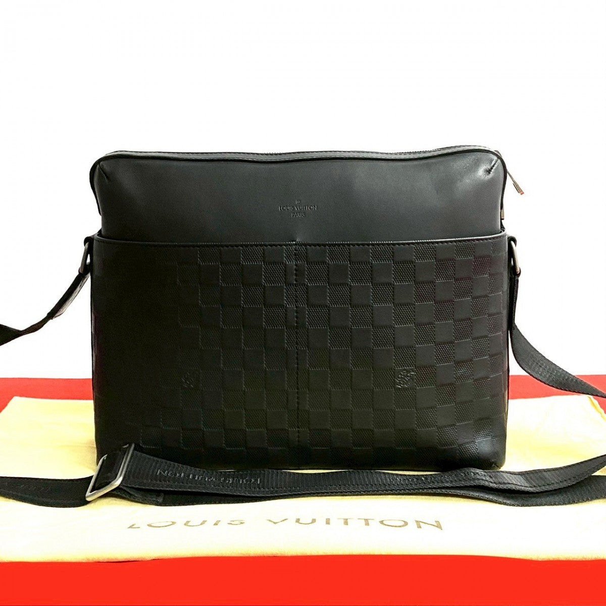 LOUIS VUITTON Shoulder Bag leather black Damier Anfini Calypso MM mens