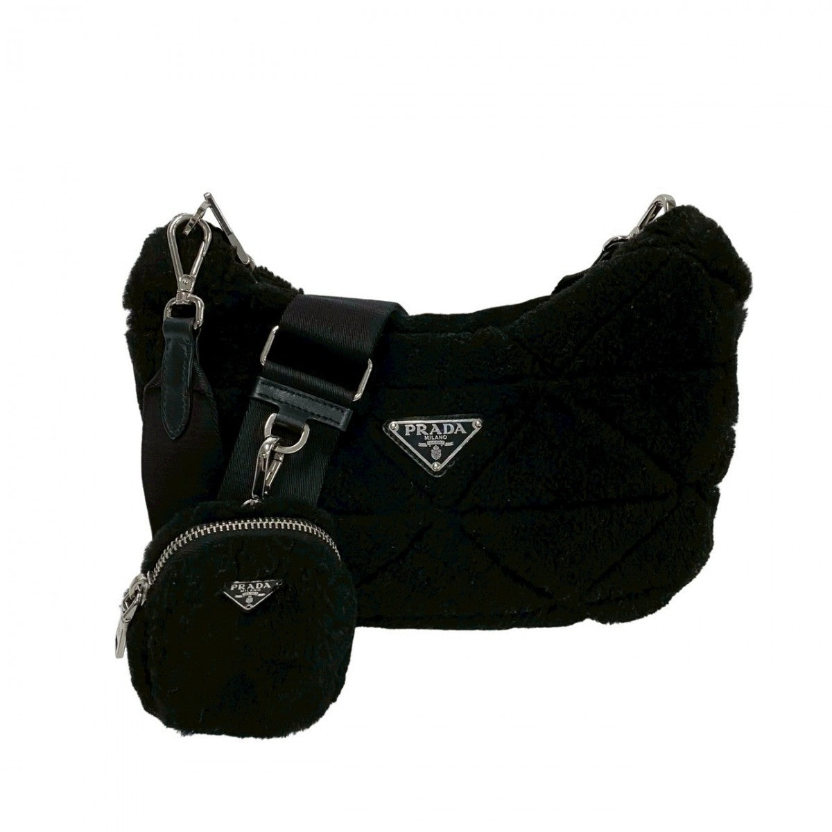 PRADA Shoulder Bag Mouton, Nylon, Leather black Triangle Logo Metal Women