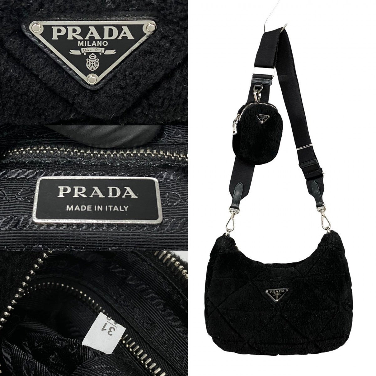 PRADA Shoulder Bag Mouton, Nylon, Leather black Triangle Logo Metal Women