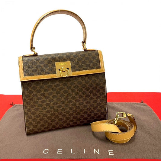 CELINE Shoulder Bag Leather, PVC Brown Macadam Blason Triomphe Pattern logo ring Metal Women